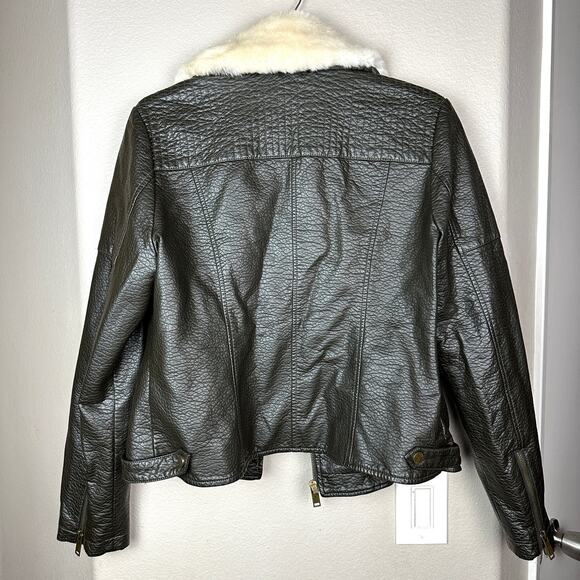 French Connection Faux Leather Fur Collar Moto Jacket Olive Green Large - Picture 3 of 11